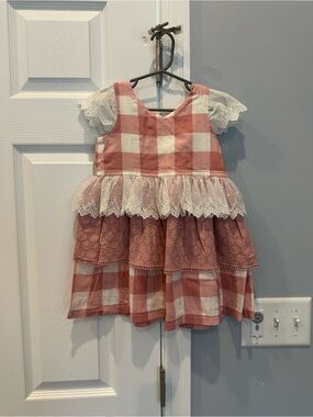 Girls' Pink Gingham Lace-Trim Tiered Dress